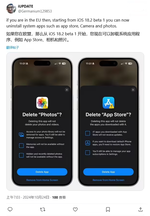 城关苹果手机维修分享iOS 18.2 支持删除 App Store 应用商店 