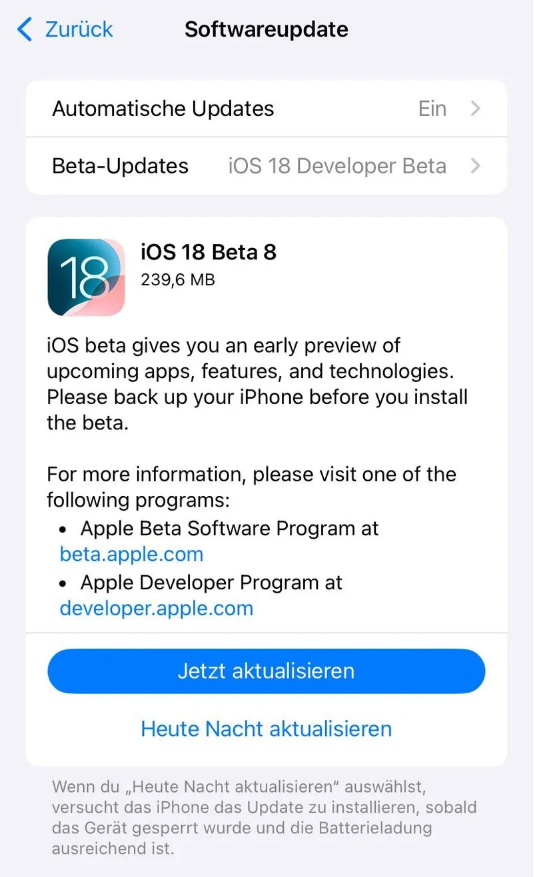 城关苹果手机维修分享苹果 iOS / iPadOS 18 开发者预览版 Beta 8 发布 